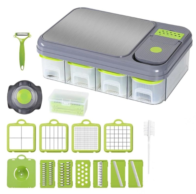 MAQUINA CHISMOLERA DE 28 PIEZAS MULTIUSOS TODO EN UNO, CUCHILLAS INTERCAMBIABLES DE ACERO INOXIDABLE Y 4 COMPARTIMIENTOS CUTTING BOARD 13X30X45CM