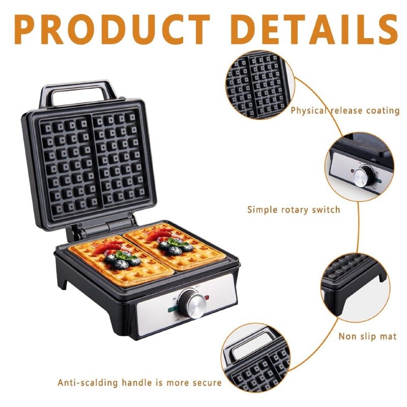 MAQUINA WAFFLERA SK-08025, RECUBRIMIENTO ANTIADHERENTE, PLASTICO RESISTENTE AL CALOR, INDICADOR DE ENCENDIDO, 1200W FUERZA, CALEFACCION DE DOBLE CARA SOKANY