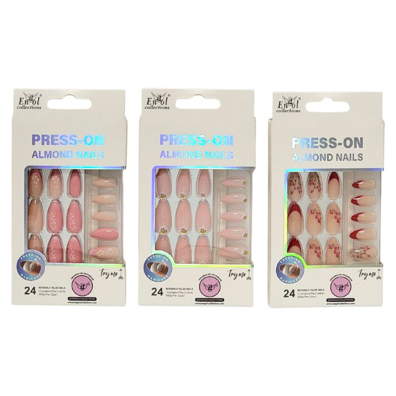 UÑAS PRESS ON, POSTIZAS REUTILIZABLES EN SET DE 24 UÑAS, LIMA, PAILLO PARA CUTICULA Y PEGAMENTO ENGOL COLLECTIONS