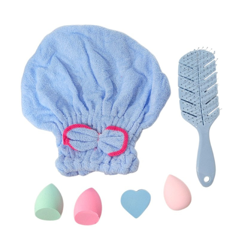 KIT DE CUIDADO FACIAL, GORRO, CEPILLO PELO Y ESPONJAS DE MAQUILLAJE KISS LOVELY, 5 COLORES