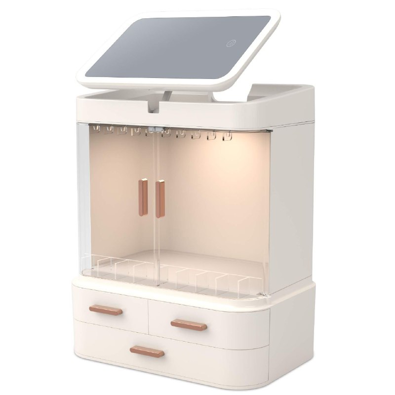 ORGANIZADOR ESTANTE DE COSMETICOS MAQUILLAJE CON ESPEJO AJUSTABLE 360 GRADOS CON LUZ LED, CABLE USB