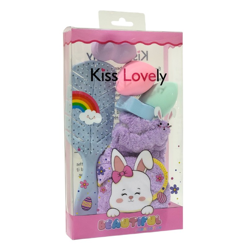 KIT DE CUIDADO FACIAL, GORRO, CEPILLO PELO Y ESPONJAS DE MAQUILLAJE KISS LOVELY, 5 COLORES