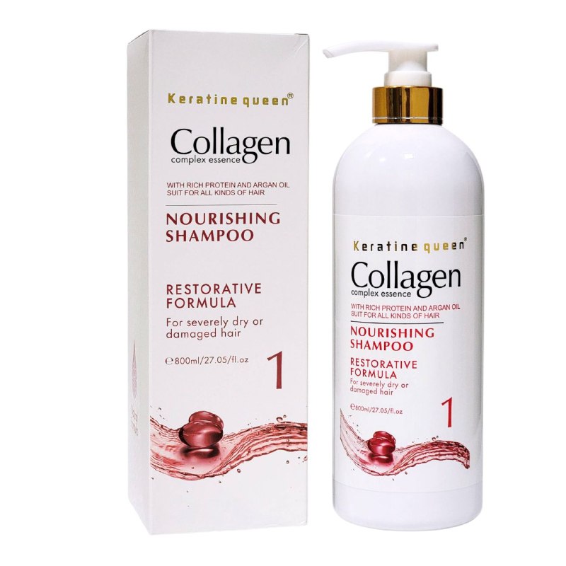 SHAMPOO PARA EL CABELLO 800ML CON COLAGENO, PROTEINA Y ACEITE DE ARGAN , FORMULADO PARA REPARAR Y NUTRIR PROFUNDAMENTE EL CABELLO DAÑADO, HIDRATA Y RETRASA EL ENVEJECIMIENTO DEL PELO KERATINE QUEEN