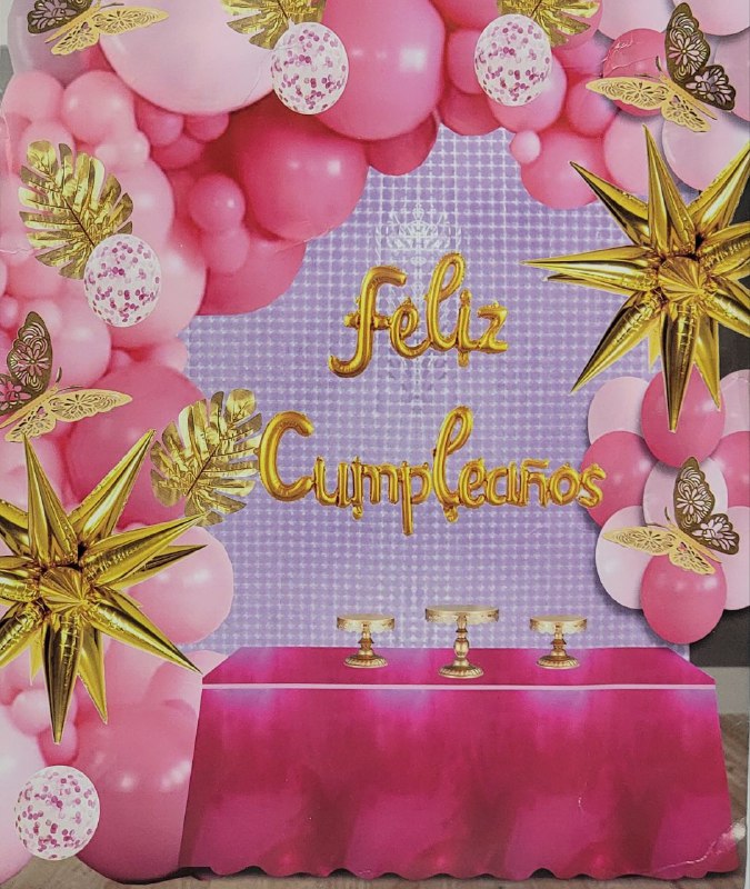 DECORACION PARA CUMPLEAÑOS EN SET COMPLETO, MANTEL METALICO, 2 CORTINAS, 105 GLOBOS