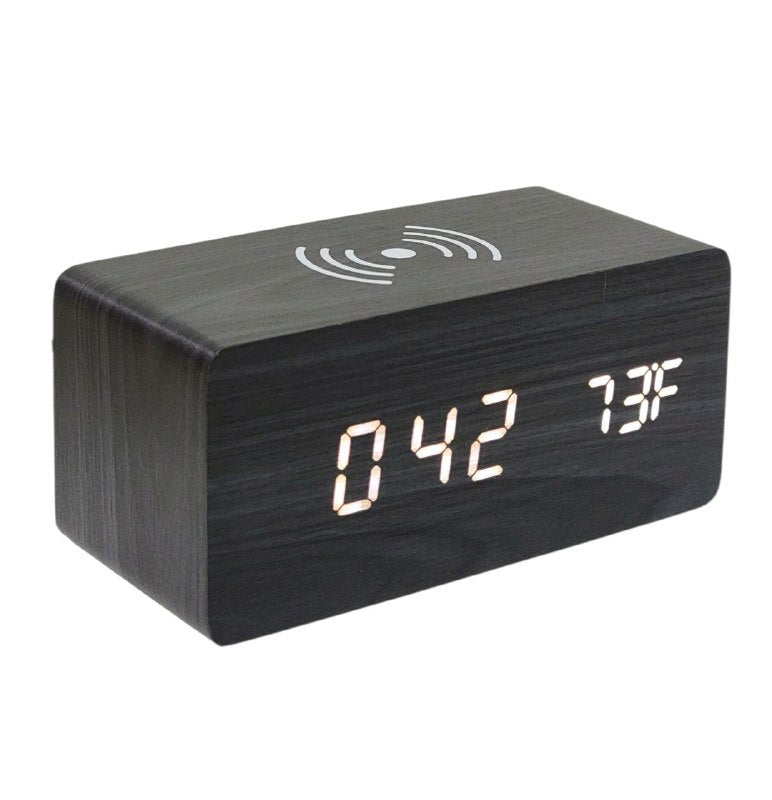 RELOJ DESPERTADOR DIGITAL TIPO MADERA CON FUNCION DE CARA INALAMBRICA Y TEMPERATURA USB, 4 ESTILOS