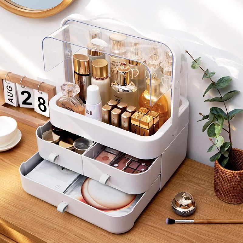 ORGANIZADOR ESTANTE DE COSMETICOS, MAQUILLAJE CAJA DE ALMACENAMIENTO CON CUBIERTA LIBRE DE POLVO, MANGO, PORTATIL, TAPA IMPERMEABLE COLOR BLANCO