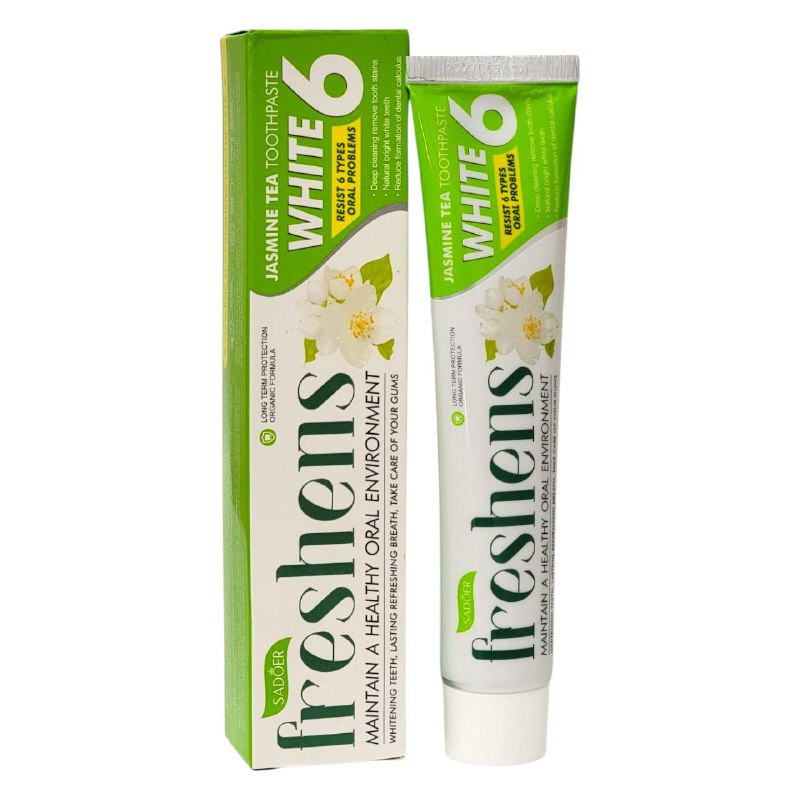 PASTA DE DIENTES, DE TE DE JAZMIN, LIMPIA PROFUNDAMENTE LAS MANCHAS DIFICILES Y EL SARRO BLANDO DE LOS DIENTES, ELIMINA LOS DIENTES AMARILLOS, CUIDA LAS ENCIAS Y REFRESCA EL ALIENTO SADOER 100G