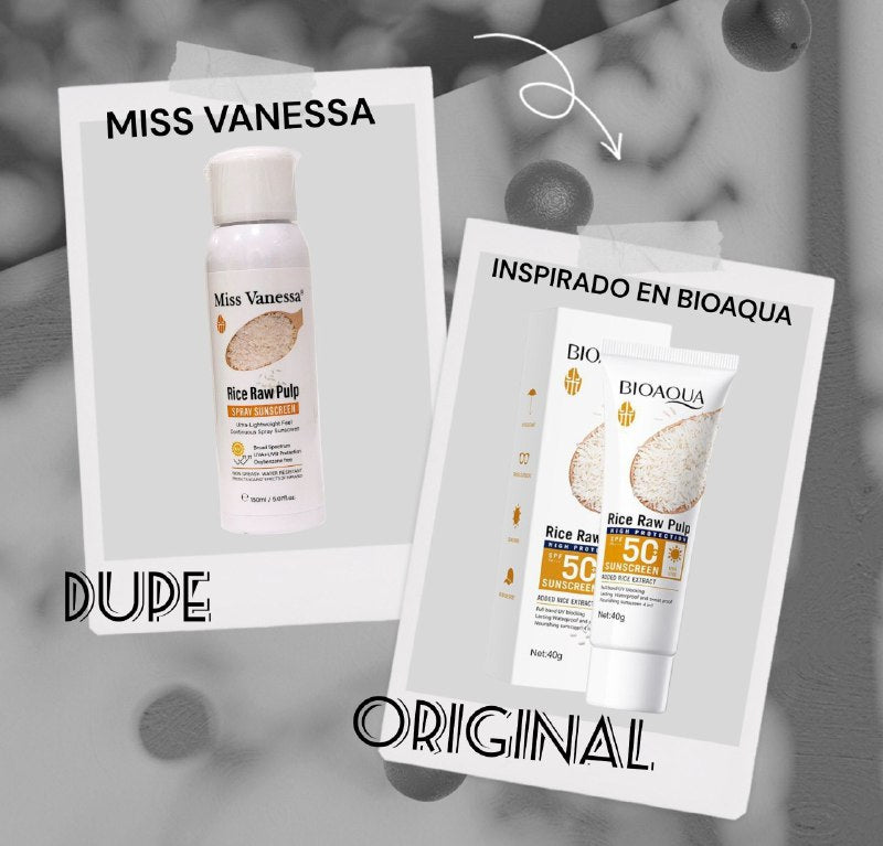 PROTECTOR SOLAR EN SPRAY DE PULPA CRUDA DE ARROZ HIDRATANTE MISS VANESSA 150ML DUPE DE BIOAQUA