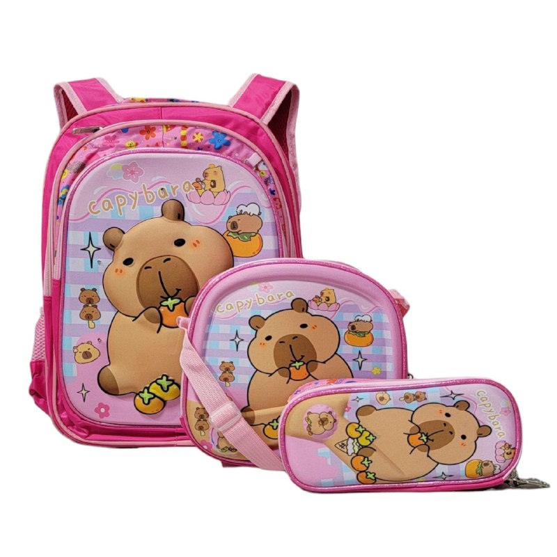 MOCHILA PARA NIÑOS(AS) CON DISEÑO DE CAPYBARA, CAPIBARA CON LUCES LED AL TACTO EN SET DE 3 PIEZAS