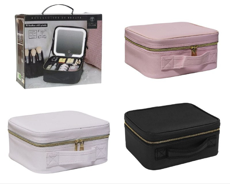 ESTUCHE ORGANIZADOR DE MAQUILLAJE CON ESPEJO LED 3 MODOS DE ILUMINACION, RESISTENTE AL POLVO Y AGUA, CORREA AJUSTABLE, 3 COLORES ACCESOIRES BEAUTE