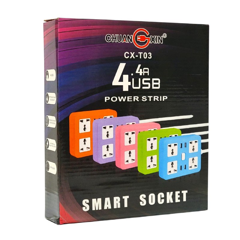 REGLETA EXTENSION ENCHUFE INTELIGENTE, 3 TOMAS DE CORRIENTE CA Y 4 PUERTOS USB, TOMAS DE CORRIENTE, CARGA RAPIDA INTELIGENTE, PLASTICOS DE ALTA RESISTENCIA, PROTECCION CONTRA FUGAS Y SOBRETENSIONMES CHUANXIN CX-T03