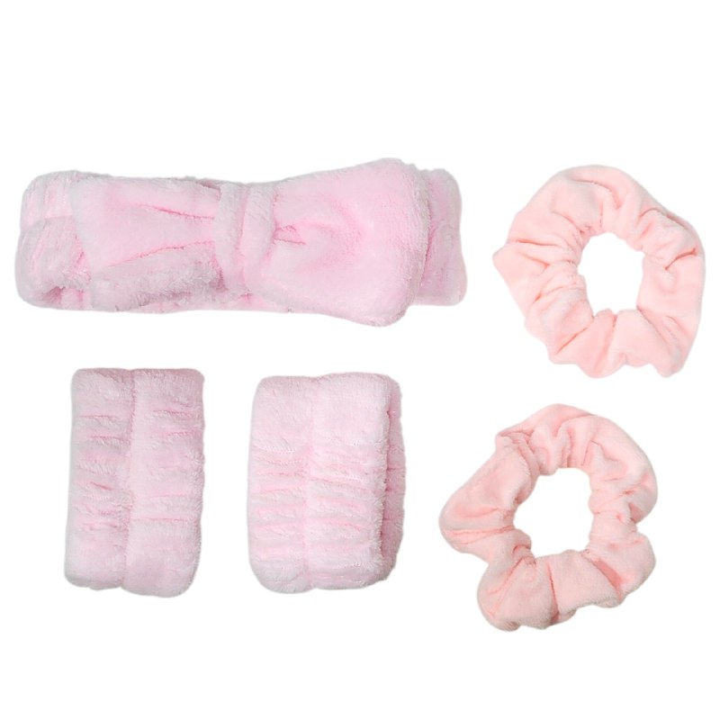 KIT DE CUIDADO FACIL, VINCHA ELASTICA CON MOÑO, PAR DE COLAS DE PELO Y MUÑEQUERAS DE MICROFIBRA, 6 COLORES