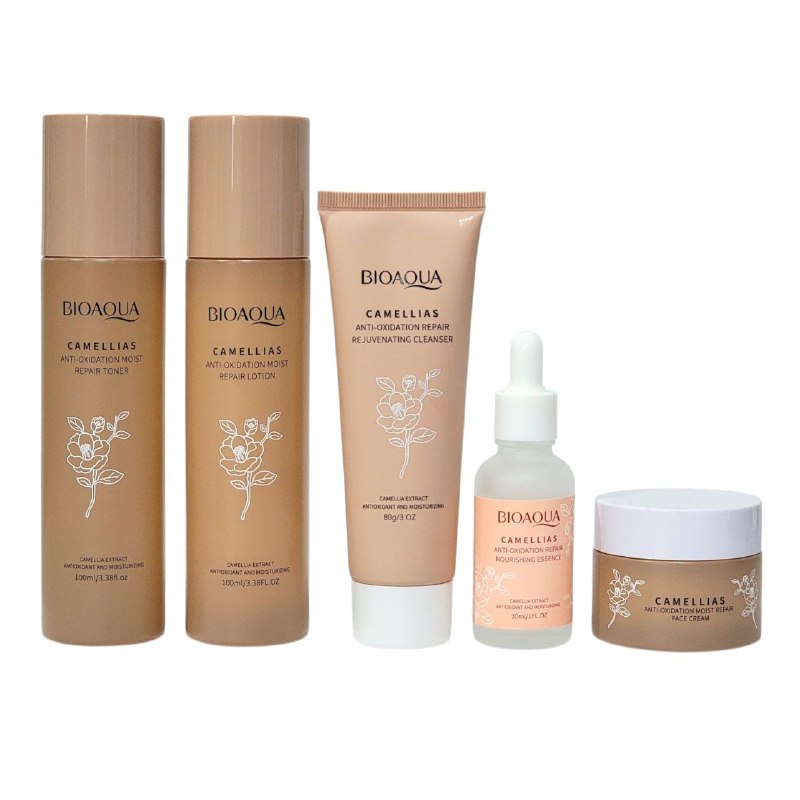 SET DE CUIDADO FACIAL DE CAMELIAS DE 5 PIEZAS, EFECTO REPARADOR, HUMEDO Y ANTIOXIDANTE BIOAQUA CAMELLIAS