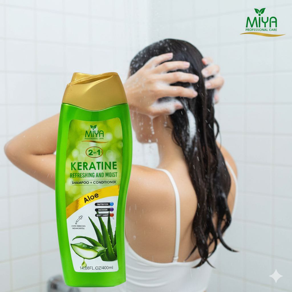 SHAMPOO Y ACONDICIONADOR 2 EN 1 CON QUERATINA Y ALOE VERA MIYA 400ML