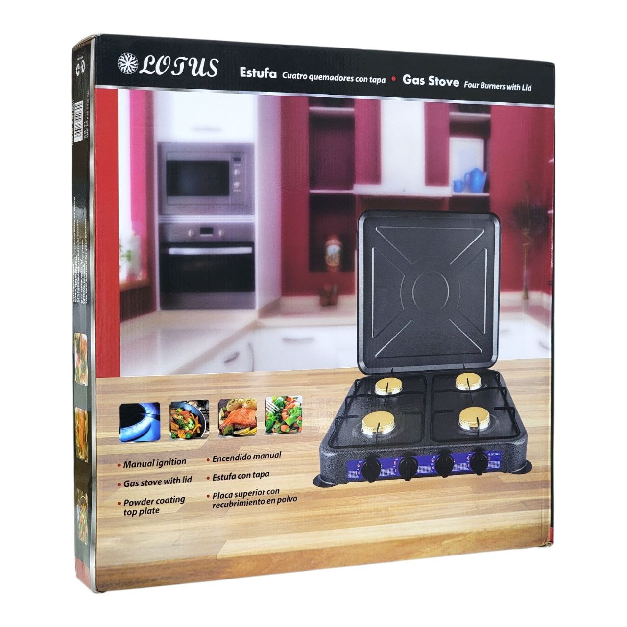 MAQUINA ESTUFA DE GAS DE 4 HORNILLAS CON TAPA LOTUS 51X8X53CM