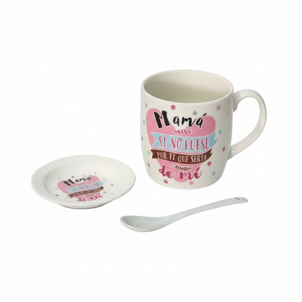 SET DE TAZA DE REGALO CON TEMATICA TE QUIERO MAMÁ 3PCS BENELI HOME