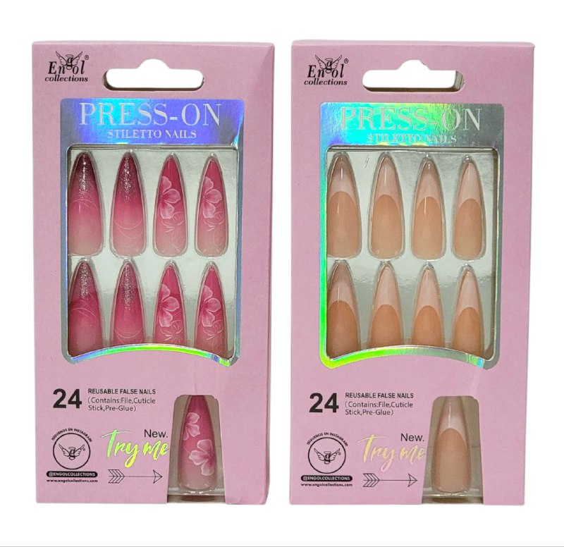 UÑAS PRESS ON, POSTIZAS REUTILIZABLES EN SET DE 24 UÑAS, LIMA, PAILLO PARA CUTICULA Y PEGAMENTO ENGOL COLLECTIONS