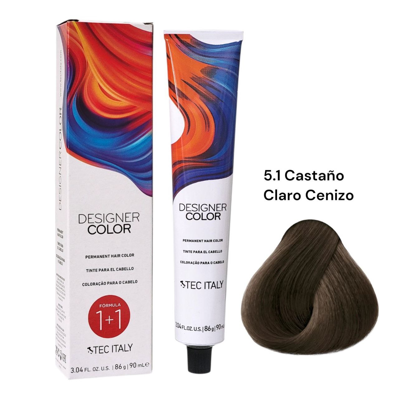 TINTE PERMANENTE PARA EL CABELLO EN CREMA CASTAÑO CLARO CENIZO 5.1 1+1 TEC ITALY 90ML