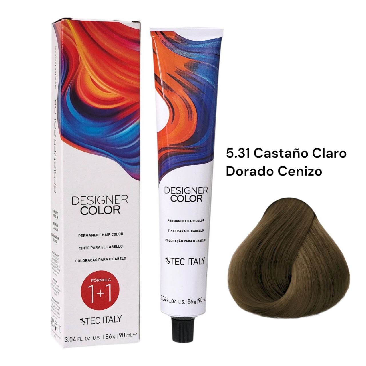 TINTE PERMANENTE PARA EL CABELLO EN CREMA CASTAÑO CLARO DORADO CENIZO 5.31 1+1 TEC ITALY 90ML