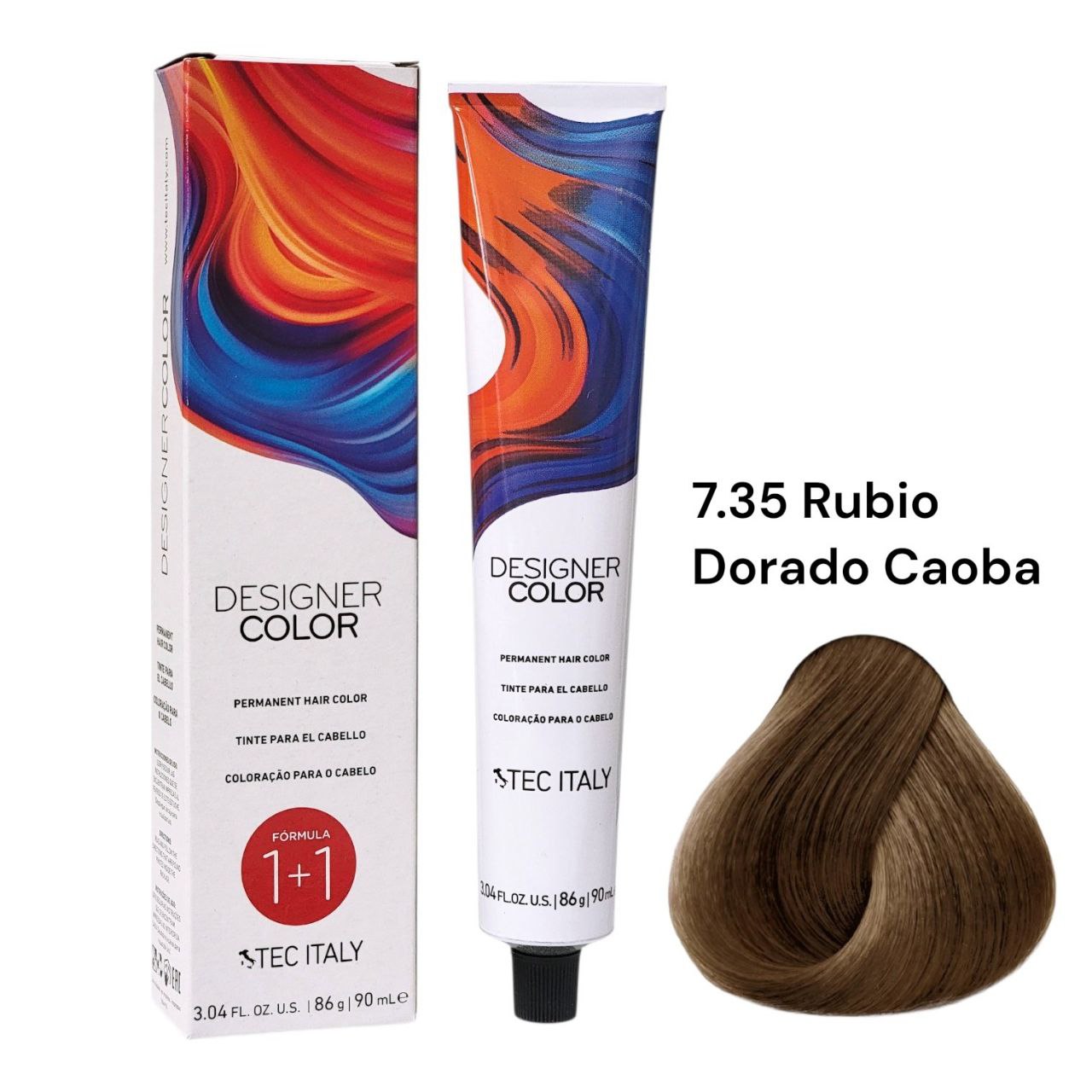 TINTE PERMANENTE PARA EL CABELLO EN CREMA RUBIO DORADO CAOBA 7.35 1+1 TEC ITALY 90ML