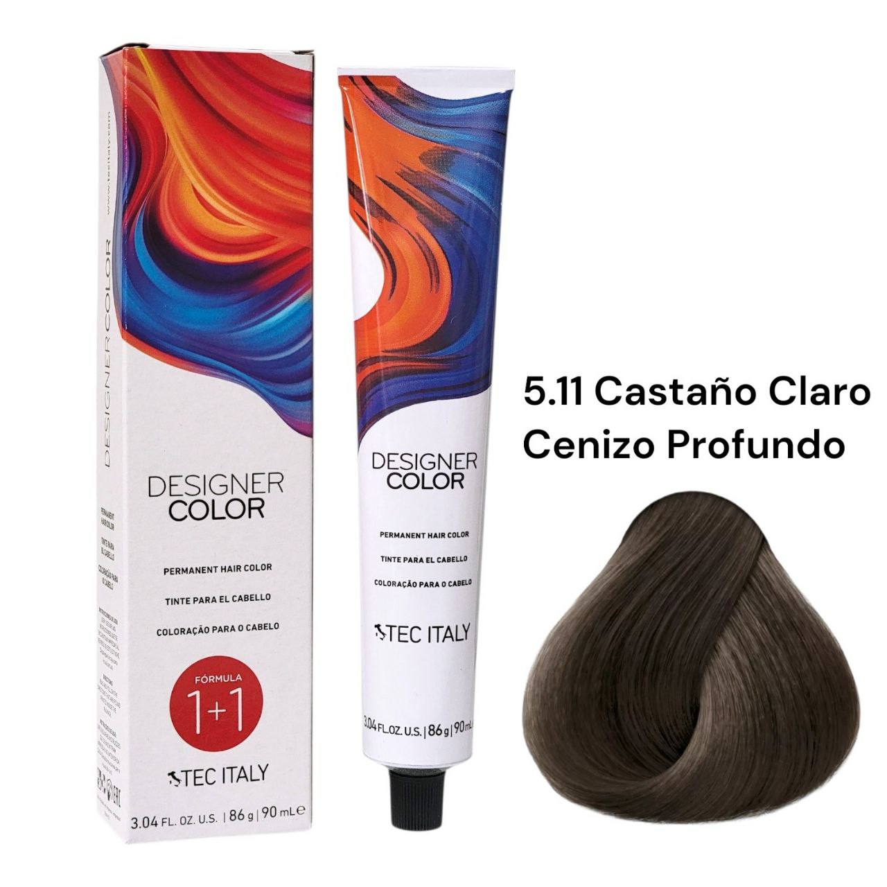 TINTE PERMANENTE PARA EL CABELLO EN CREMA CASTAÑO CLARO CENIZO PROFUNDO 5.11 1+1 TEC ITALY 90ML