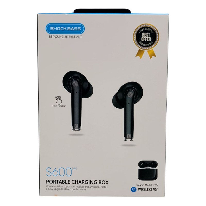 AUDIFONOS AURICULARES INALAMBRICOS ORIGINALES SONIDO DINAMICO CLARO, CONTROL TACTIL, EMPAREJAMIENTO AUTOMATICO, RANGO 10 METROS, BATERIA 4H SHOCKBASS S600 TWS