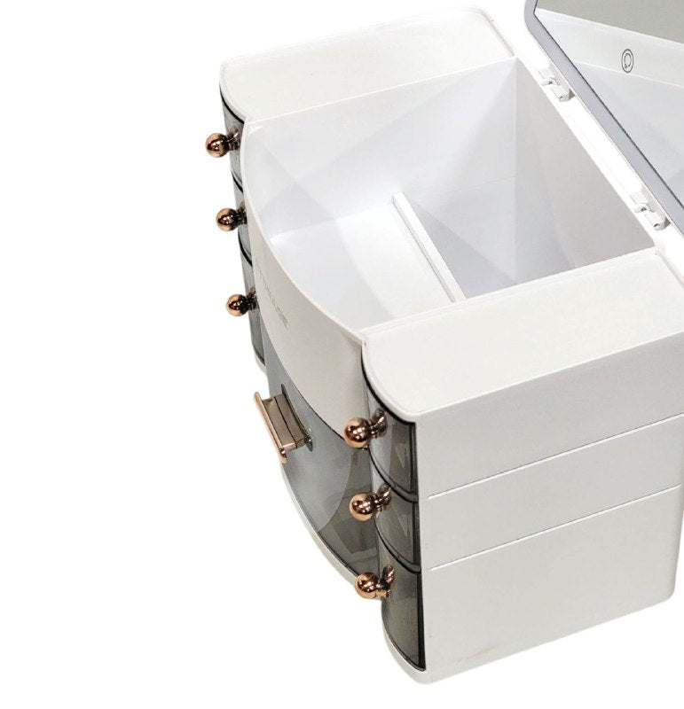 ORGANIZADOR ESTANTE DE COSMETICOS, MAQUILLAJE CON 8 COMPARTIMIENTOS, ESPEJO CON LUZ LED 3 MODOS DE INTENSIDAD, COLOR BLANCO STORAGE