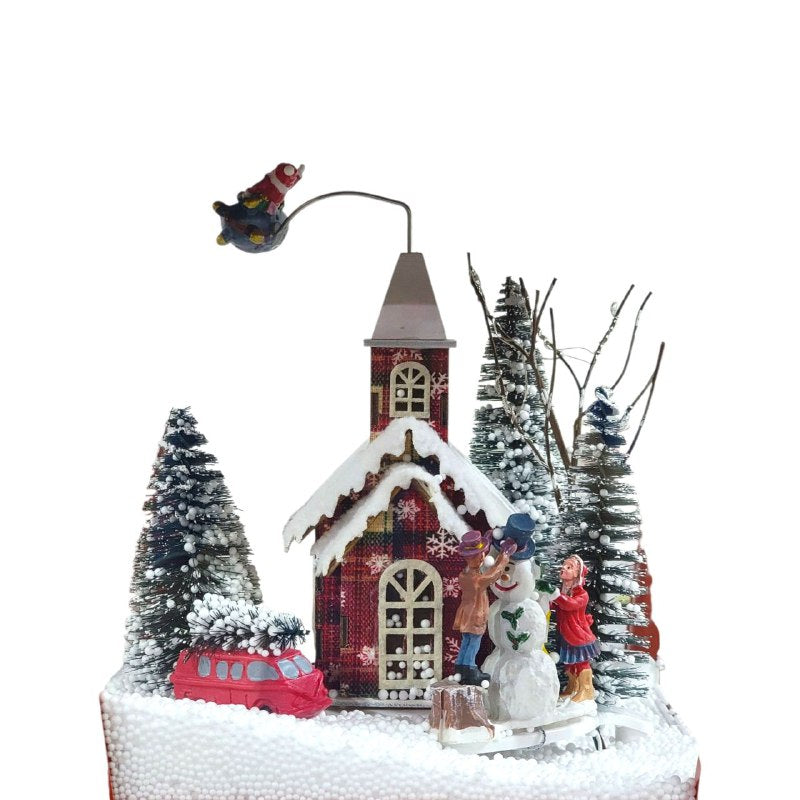 DECORACION ADORNO FAROL NAVIDEÑO ELECTRICO MUSICAL CON NEVADA ARTIFICIAL Y ILUMINACION LED, PARA INTERIORES O EXTERIORES 44X38.5X56.5CM