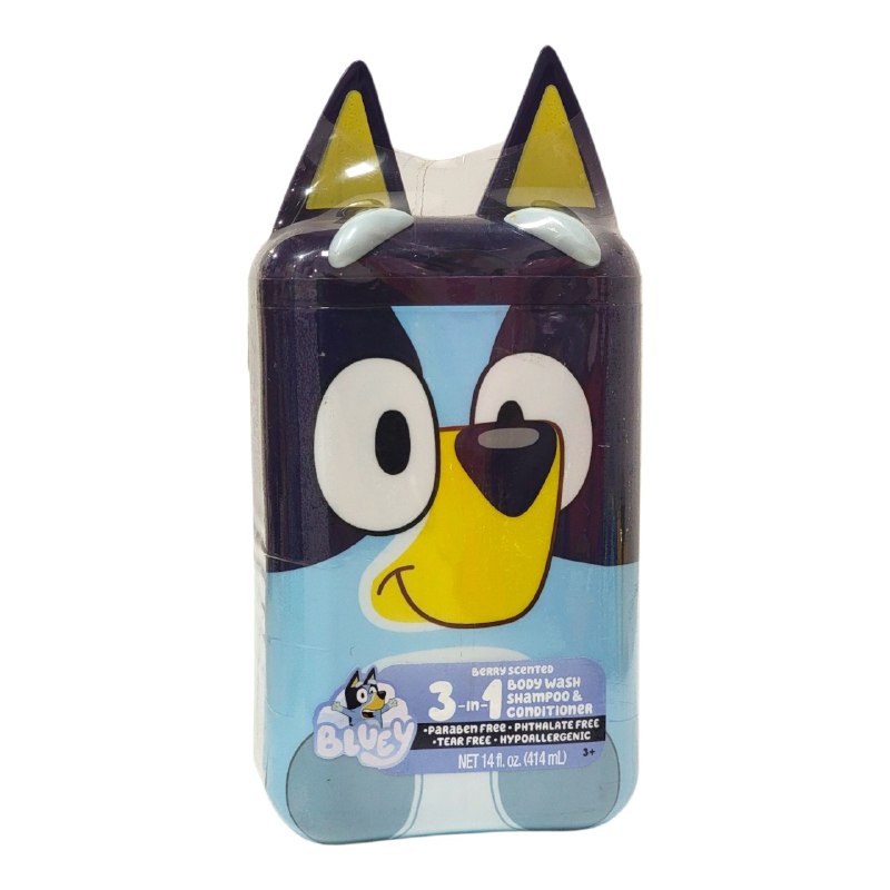 SHAMPOO PARA NIÑOS 3 EN 1 SHAMPOO, ACONDICIONADOR Y SHOWER GEL AROMA A UVA BLUEY 414ML