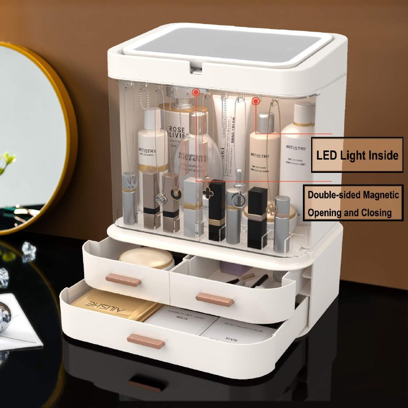 ORGANIZADOR ESTANTE DE COSMETICOS MAQUILLAJE CON ESPEJO AJUSTABLE 360 GRADOS CON LUZ LED, CABLE USB