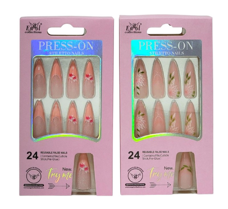 UÑAS PRESS ON, POSTIZAS REUTILIZABLES EN SET DE 24 UÑAS, LIMA, PAILLO PARA CUTICULA Y PEGAMENTO ENGOL COLLECTIONS