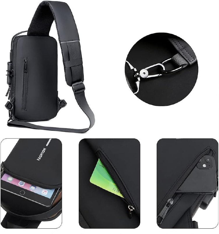 MOCHILA CRUZADA IMPERMEABLE PARA HOMBRES CON PUERTO USB