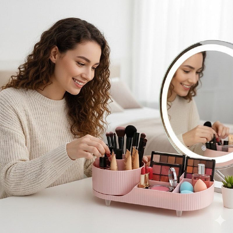 ORGANIZADOR DE MAQUILLAJE Y COSMETICOS DE ACRILICO CON BASE GIRATORIA 15X36CM, 4 ESTILOS