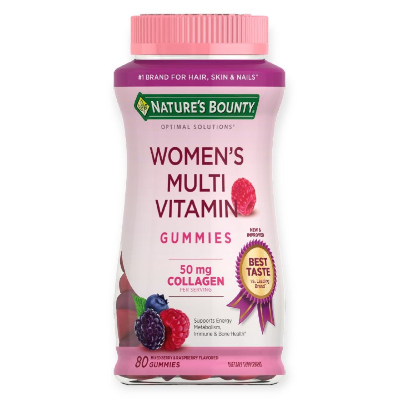 VITAMINAS EN GOMITAS MULTIVITAMINA PARA MUJERES, 50MG DE COLAGENO POR PORCION, APOYA EL METABOLISMO ENERGETICO, SISTEMA INMUNOLOGICO Y SALUD OSEA, SABOR BAYAS Y FRAMBUESA NATURE S TRUTH 80UND