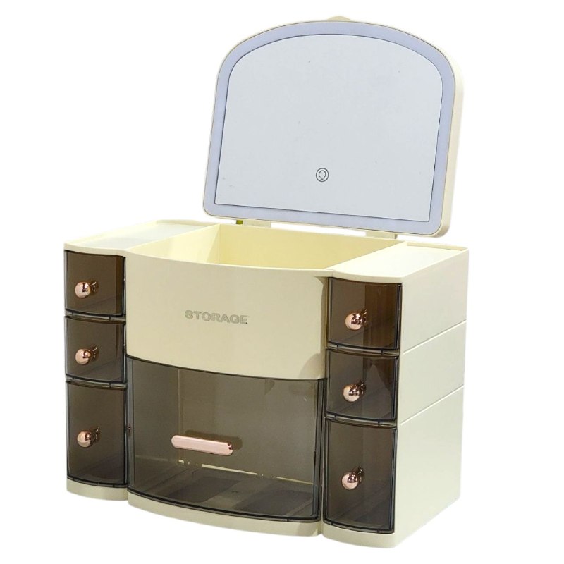 ORGANIZADOR ESTANTE DE COSMETICOS, MAQUILLAJE CON 8 COMPARTIMIENTOS, ESPEJO CON LUZ LED 3 MODOS DE INTENSIDAD, COLOR CREMA STORAGE