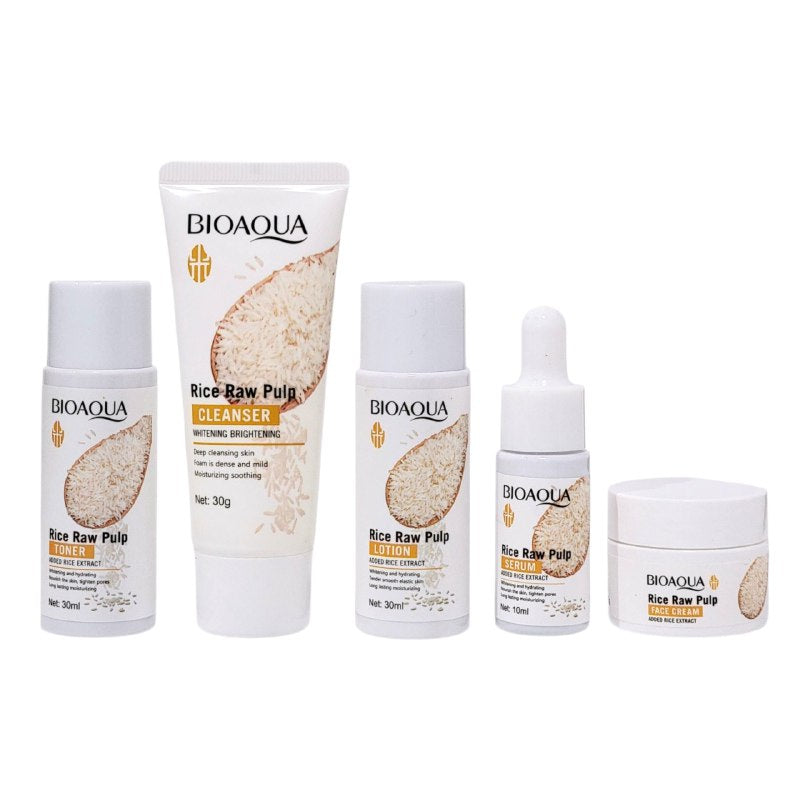 SET DE CUIDADO FACIAL DE VIAJE DE 5 PIEZAS DE PULA CRUDA DE ARROZ BIOAQUA, LOCION 30ML, CREMA FACIAL 10ML, SUERO 10ML, TONICO 30ML, LIMPIADOR 30G