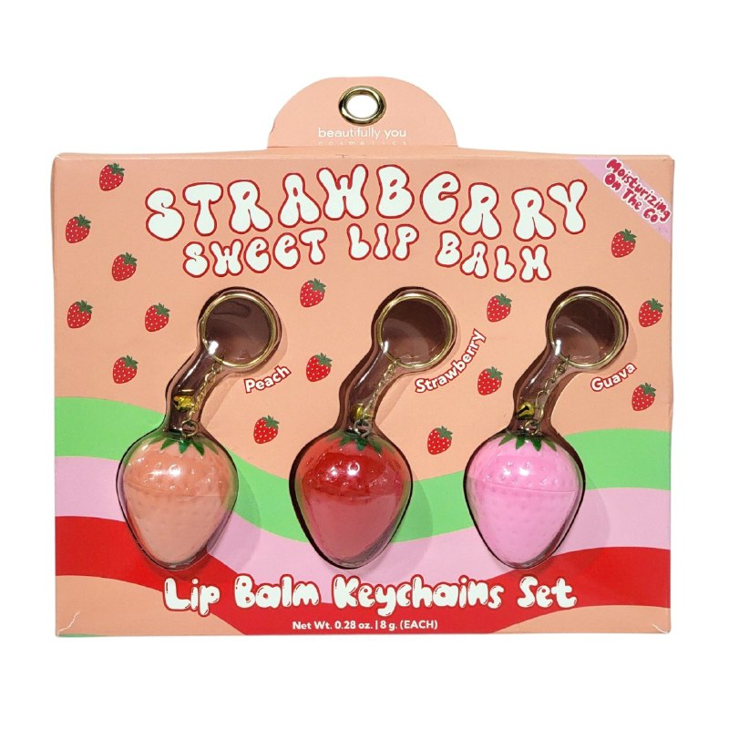 BRILLO LABIAL BALSAMO EN SET DE 3 PIEZAS DE FRESA, DURAZNO Y GUAYABA HIDRATANTES TIPO LLAVERO 8GX3