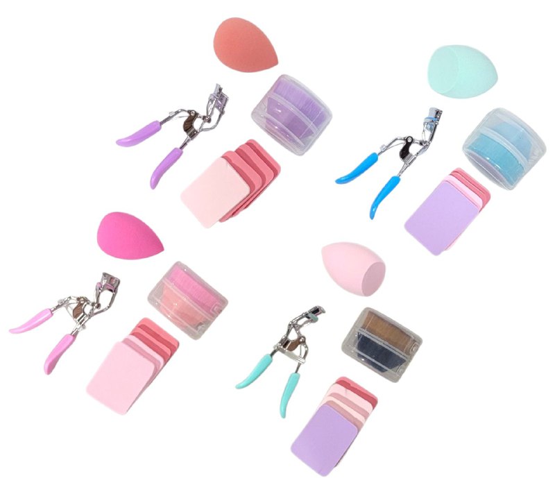 KIT DE CUIDADO FACIAL DE 7UND, BROCHA PARA BASE, ESPONJA PARA BASE, RIZADOR DE PESTAÑAS, 4 COLORES SWEET BEAUTY TOOLS