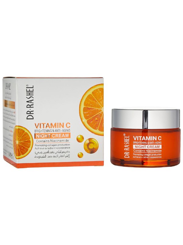 CREMA FACIAL DE NOCHE DE VITAMINA C, COLAGENO Y NIACINAMIDA, ILUMINADORA Y ANTIENVEJECIMIENTO,  REDUCE LAS ARRUGAS EN LA PIEL DR RASHEL 50G