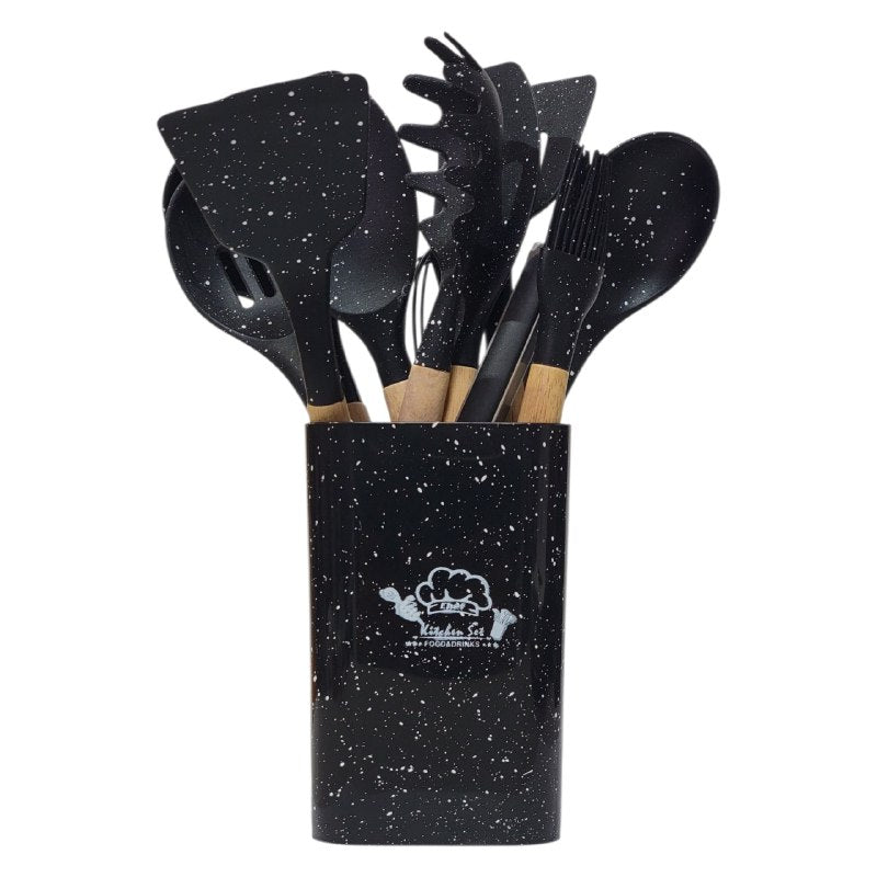 JUEGO DE UTENSILIOS DE COCINA DE SILICONA CON SOPORTE PLASTICO DE 12 PIEZAS, DISEÑADO PARA SOPORTAR TEMPERATURAS DE 30 A 130 GRADOS, SILICONA FLEXIBLE Y SUAVE, 5 COLORES KITCHEN & DINNING