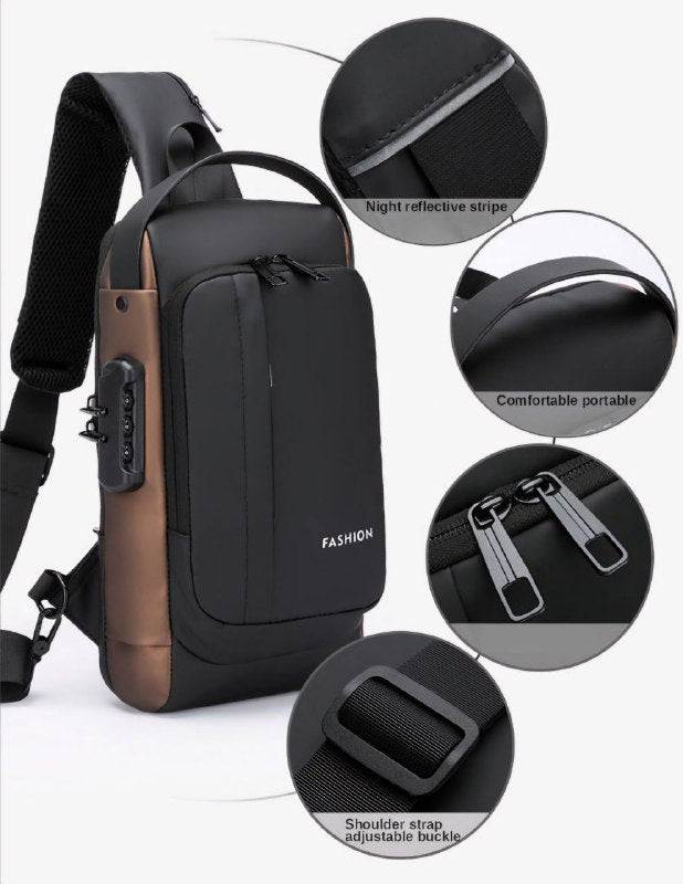MOCHILA ECONOMICA CRUZADA IMPERMEABLE PARA HOMBRES CON PUERTO USB Y SISTEMA ANTIRROBO CLAVE