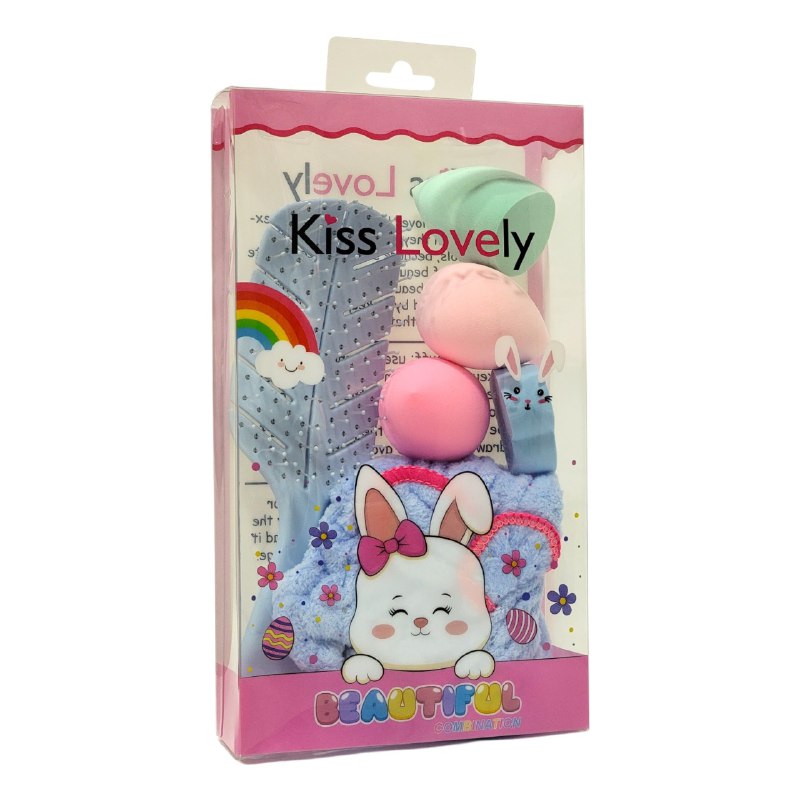 KIT DE CUIDADO FACIAL, GORRO, CEPILLO PELO Y ESPONJAS DE MAQUILLAJE KISS LOVELY, 5 COLORES