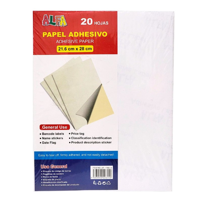 PAPEL ADHESIVO 20 HOJAS IDEAL PARA ETIQUETAS DE CODIGO DE BARRAS, PEGATINAS DE NOMBRE, MARCA DE FECHA, ETC ALFA 21.6X28CM