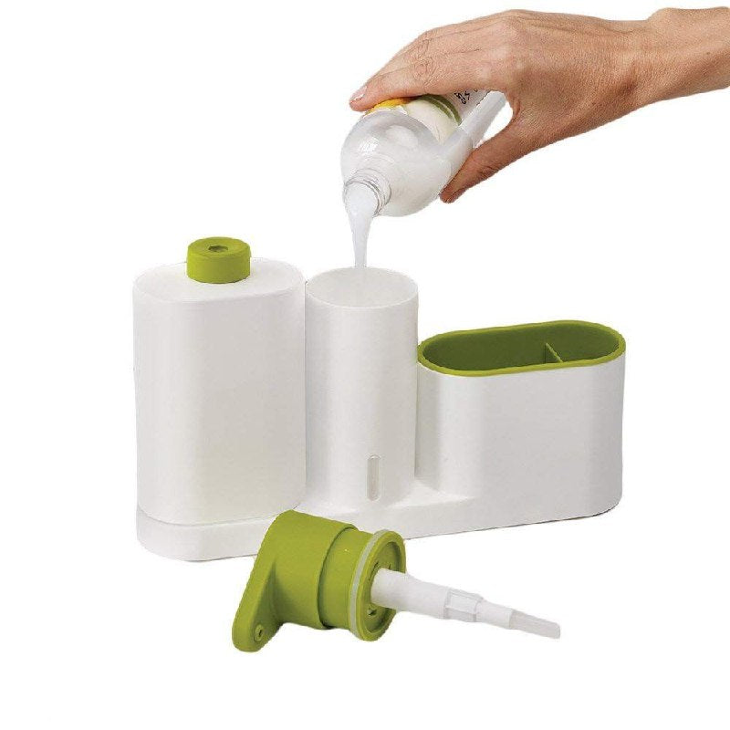 DISPENSADOR DE JABON LIQUIDO PARA COCINA, BAÑO,ETC, CON ORGANIZADOR PARA ESPONJAS Y CEPILLOS, MANTIENE ORDENADO TUS ESPACIOS