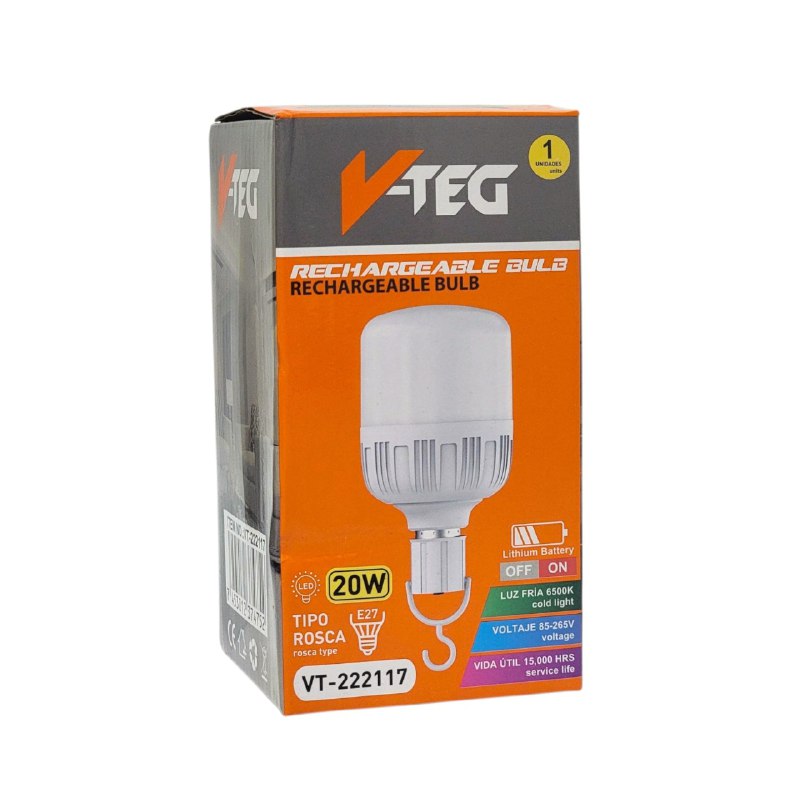 FOCO BOMBILLA LED RECARGABLE DE BATERIA DE LITIO LUZ FRIA AHORRATIVA VTEG 7X14CM