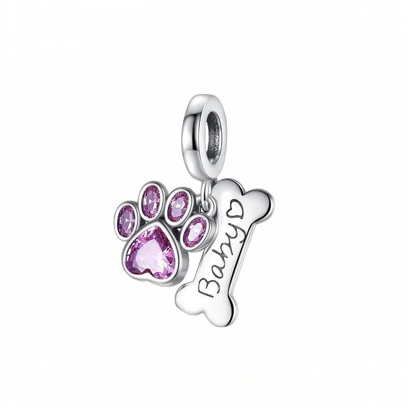 PCHARM2728$1 FORMA PATA Y HUESO DE PERRO ROSADO PANDORA PLATA 9.25