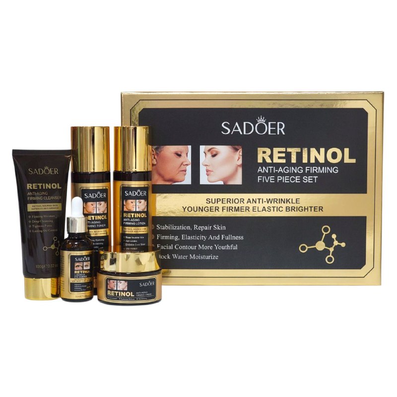 SET DE CUIDADO FACIAL DE RETINOL DE 5 PIEZAS, EFECTO REAFIRMANTE, ANTIEDAD Y ANTIARRUGAS SADOER RETINOL