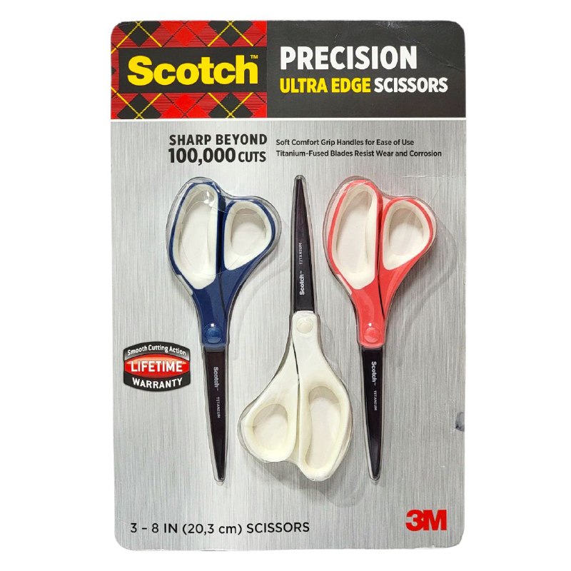 TIJERAS EN SET DE 3 PIEZAS TODO TIPO DE APLICACIONES EN EL HOGAR, OFICINA O TALLER, HOJAS DE ACERO INOXIDABLE RESISTENTE, AGARRE COMODO SCOTCH PRECISION