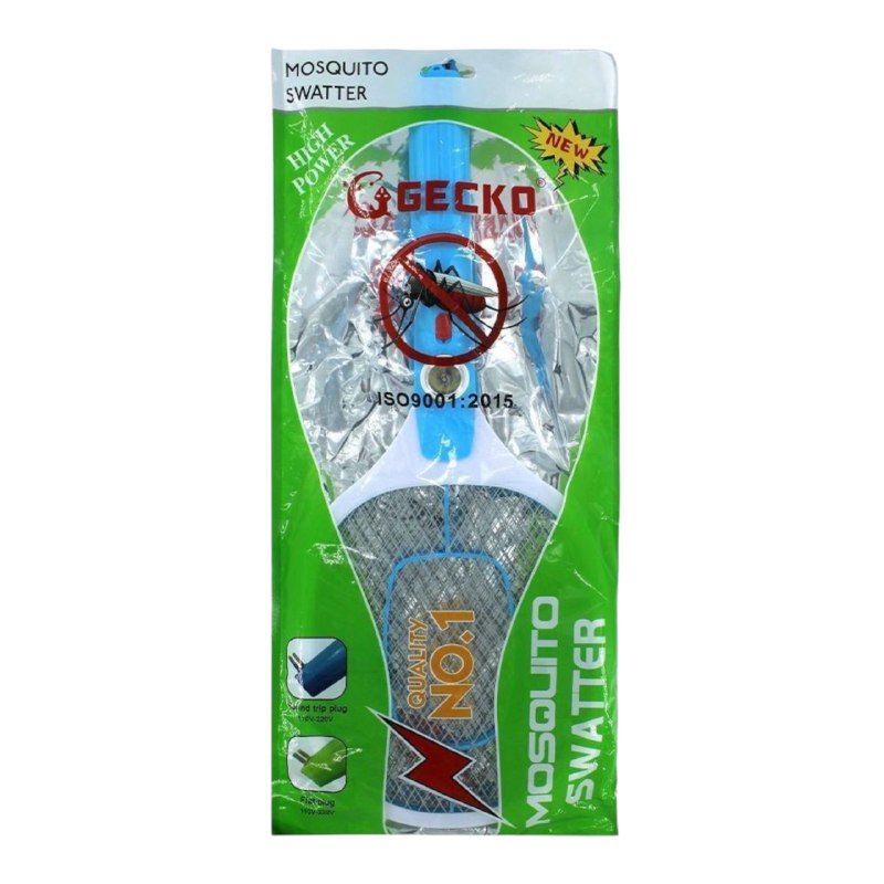 RAQUETA MATA MOSQUITOS ELECTRICA CON ALTA ENERGIA PARA ELIMINAR INSECTOS ZANCUDOS DE FORMA EFECTIVA Y RAPIDA, CON ENCHUFE PLANO PARA RECARGARLA GECKO