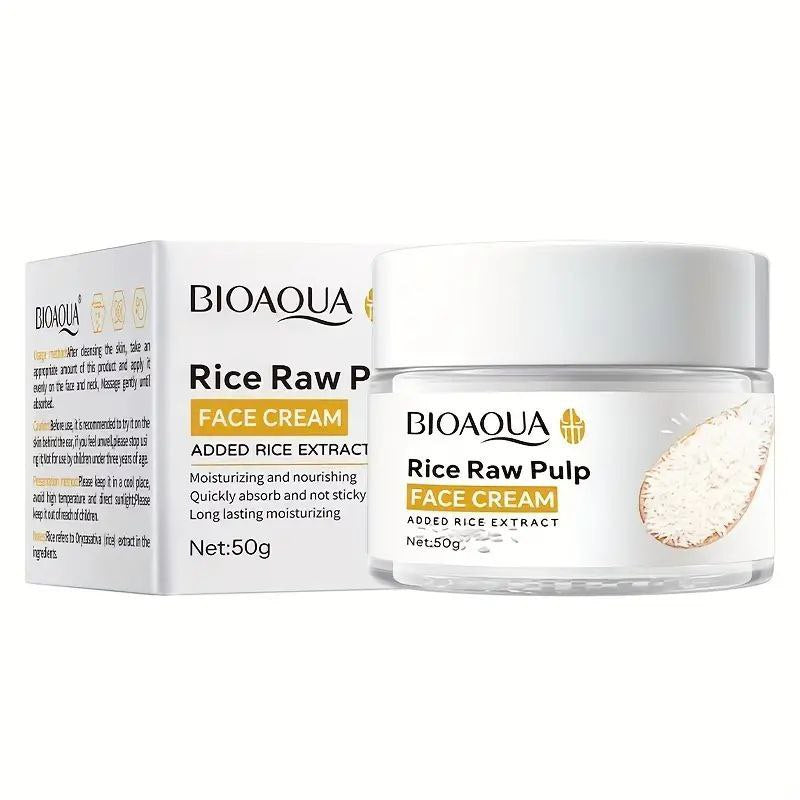 CREMA FACIAL DE PULPA CRUDA DE ARROZ HIDRATANTE Y NUTRITIVA, QUE CUIDA SUAVEMENTE LA PIEL, MEJORA LA SEQUEDAD E HIDRATADA BIOAQUA 50G